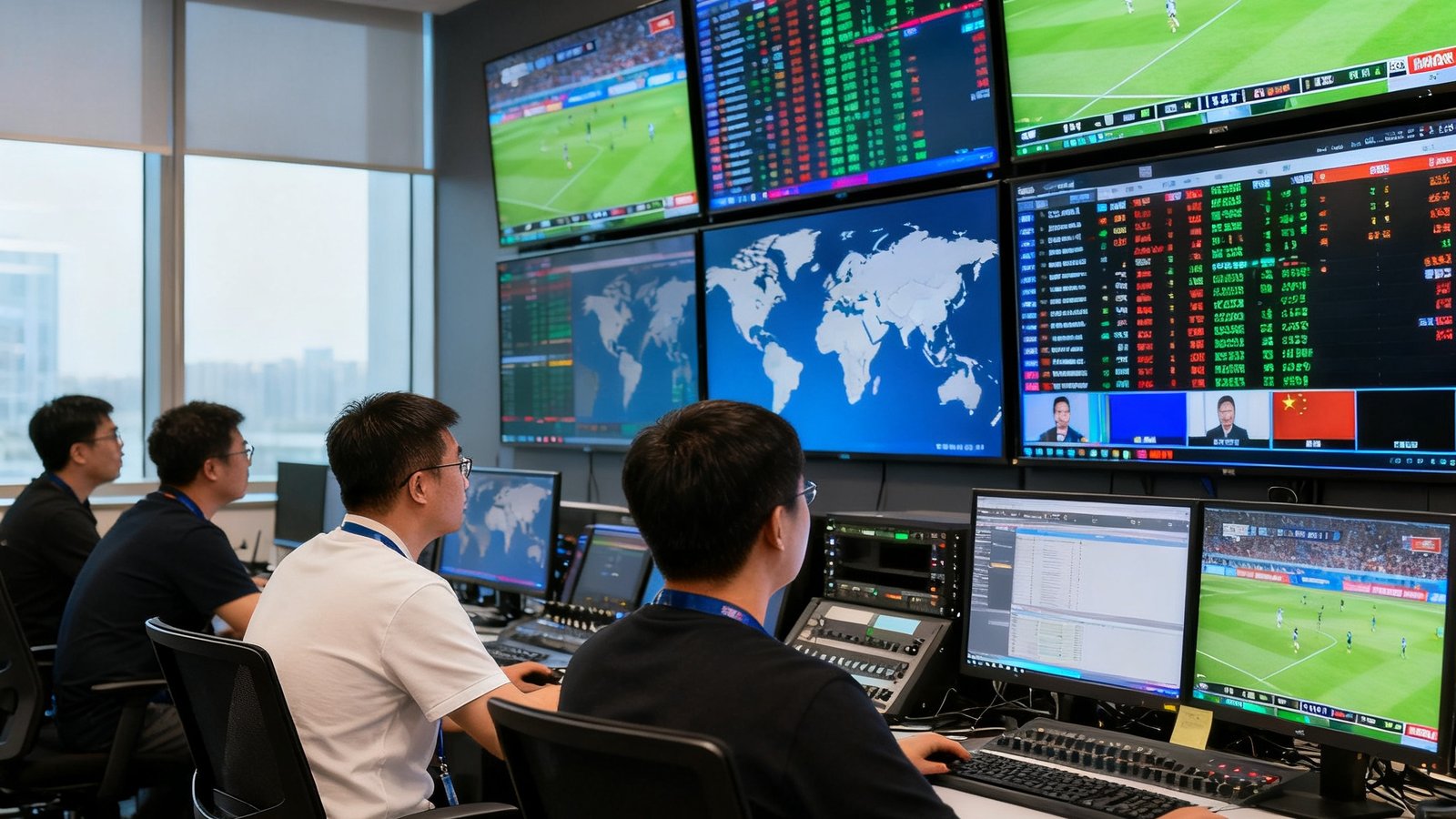 88看球北京总部办公室实景，技术团队正在监控全球直播信号源，墙面上多块大屏幕显示实时赛事数据，员工专注工作气氛紧张有序