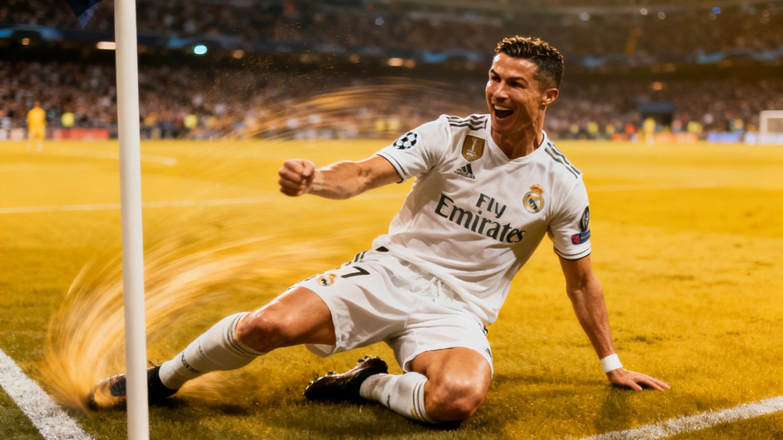 欧冠联赛精彩回放视频封面，关键比赛进球剪辑，球员在角旗区滑跪庆祝的经典画面